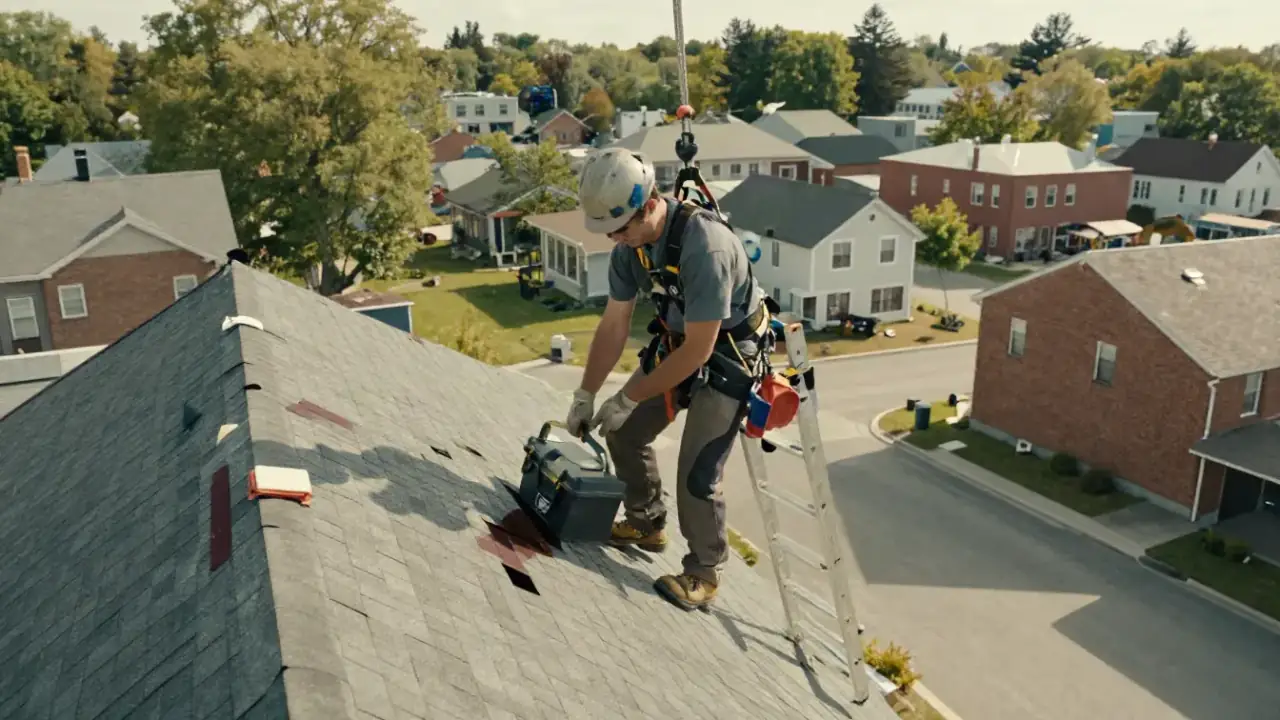 Roof Leak Repair in New Brunswick: roofer in a safety harness descending a ladder from a residential shingle roof, carrying