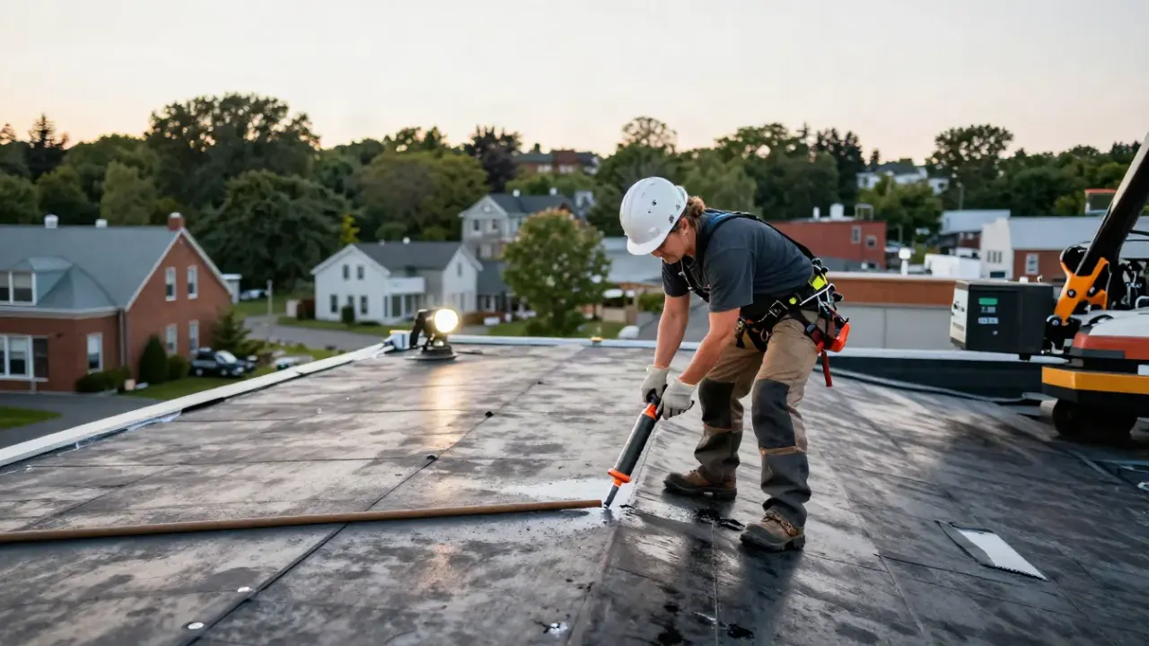 Emergency Roof Leak Repair in New Brunswick: roofer using a caulk gun to seal a suspected leak point around a pipe