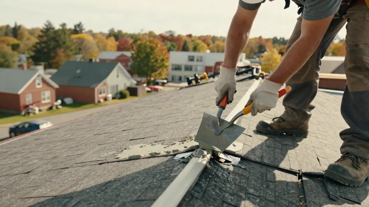 Roof Leak Repair in New Brunswick: Close-up of a roofer's gloved hands applying roofing cement with a trowel around a small